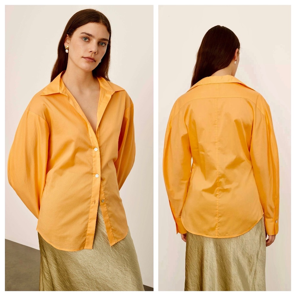 VINCE Sculpted Long Statement Sleeve Voile Shirt Cotton Orange Women's Size L